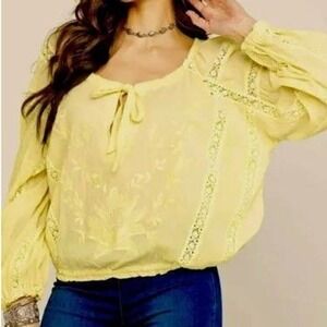 Free People Maria Maria Crochet Boho Embroidered Blouse Butter Yellow Boho Sz S